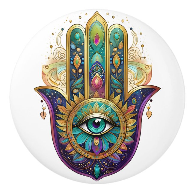 Violet Green Gold Petals Hamsa Turquoise Third Eye Knopp (Framsidan)