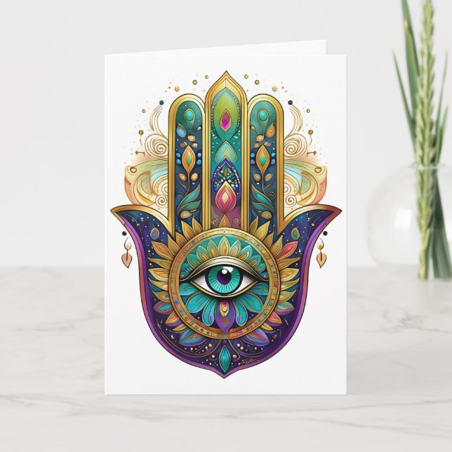Violet Green Gold Petals Hamsa Turquoise Third Eye Kort (Framsida)