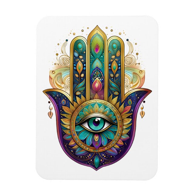 Violet Green Gold Petals Hamsa Turquoise Third Eye Magnet (Vertikal)