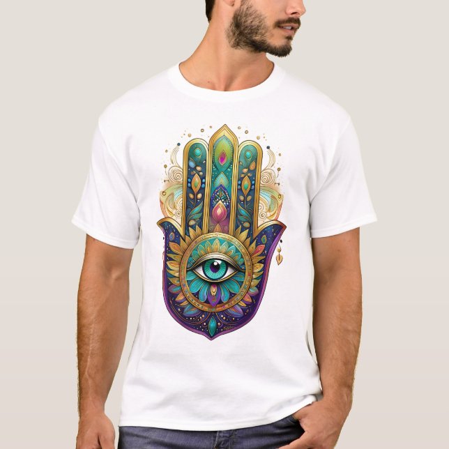 Violet Green Gold Petals Hamsa Turquoise Third Eye T Shirt (Framsida)