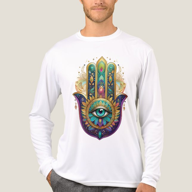 Violet Green Gold Petals Hamsa Turquoise Third Eye T Shirt (Framsida)