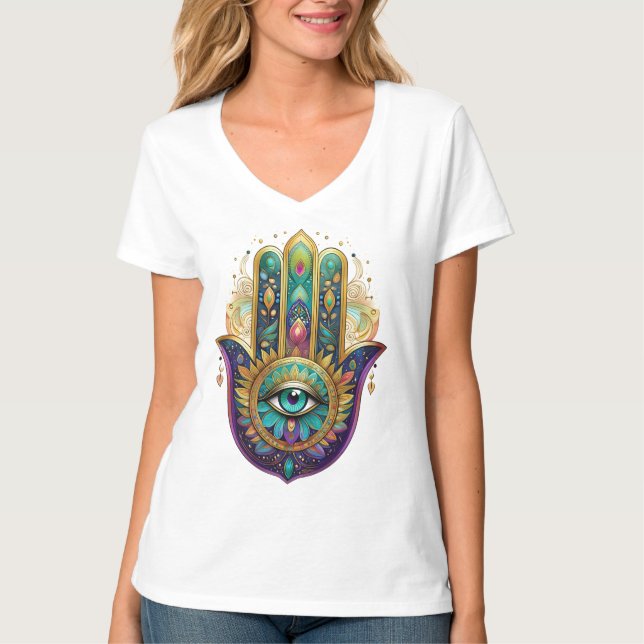 Violet Green Gold Petals Hamsa Turquoise Third Eye T Shirt (Framsida)