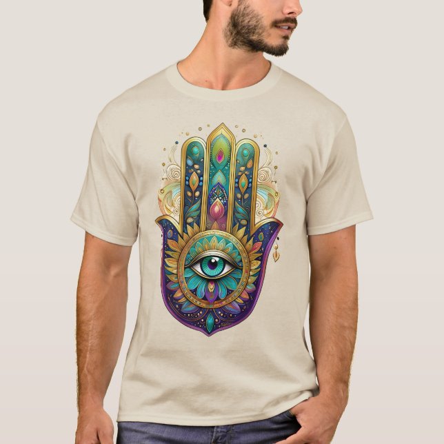 Violet Green Gold Petals Hamsa Turquoise Third Eye T Shirt (Framsida)