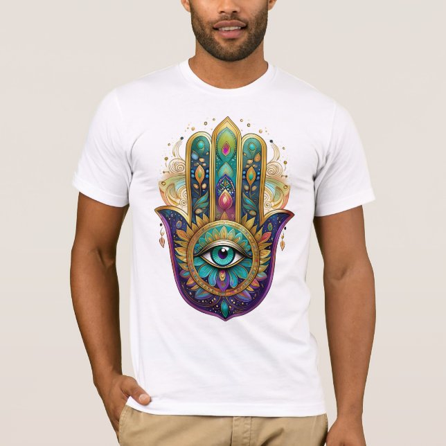 Violet Green Gold Petals Hamsa Turquoise Third Eye T Shirt (Framsida)