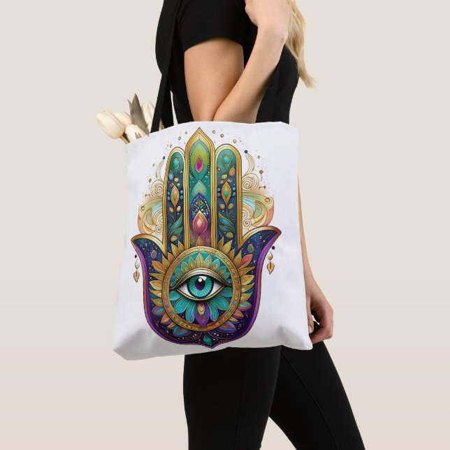 Violet Green Gold Petals Hamsa Turquoise Third Eye Tygkasse (Närbild)
