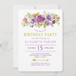 Violet grönt Rustic blommigt bohemian födelsedagsf Inbjudningar