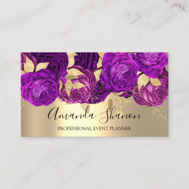 Violet Guld Flowers Logotyp Event Planner QRCode Visitkort (Framsida)