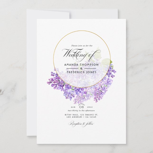 Violet & Guld Geometrisk Herbarium QR-kod Bröllop Inbjudningar (Framsida)