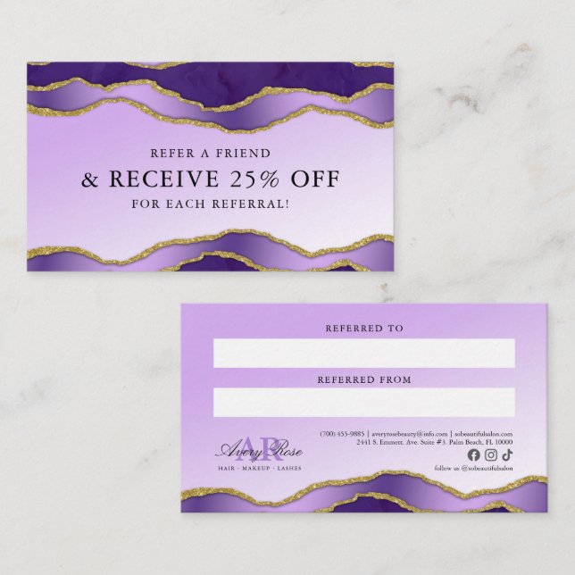 Violet & Guld Marble Agate Beauty ReferrCard Visitkort (Fram/baksida)