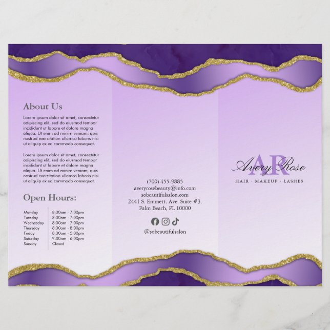 Violet & Guld Marble Agate Beauty Salon Brochure (Framsida)