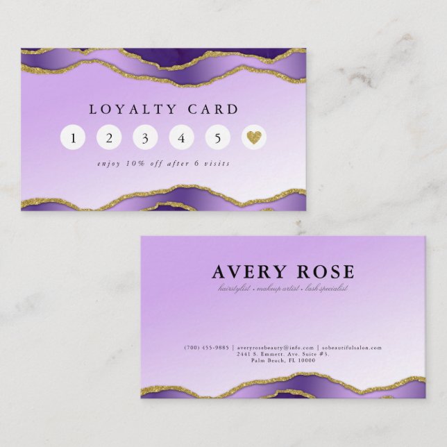 Violet & Guld Marble Agate Beauty Salon Loyalty Visitkort (Fram/baksida)