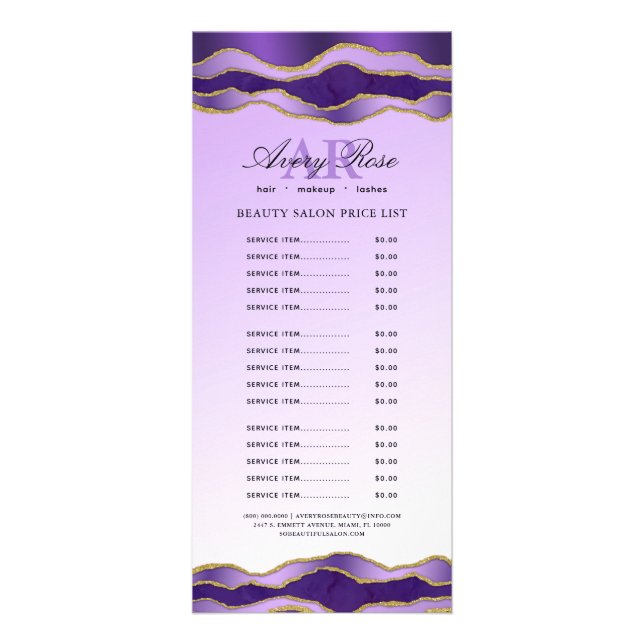 Violet & Guld Marble Agate Beauty Salon Pris List Reklamkort (Framsidan)