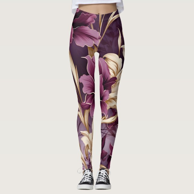 Violet Guld Orchids Mönster Leggings (Framsida)