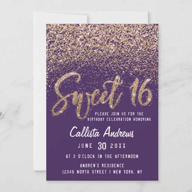Violet Guld Scattered Glitter Ombre Sweet 16 Inbjudningar (Framsida)