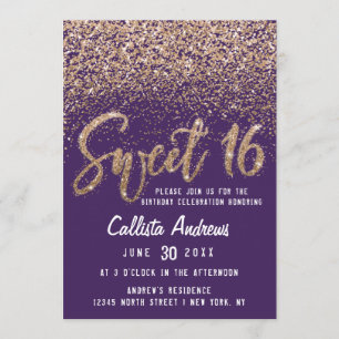 Violet Guld Scattered Glitter Ombre Sweet 16 Inbjudningar