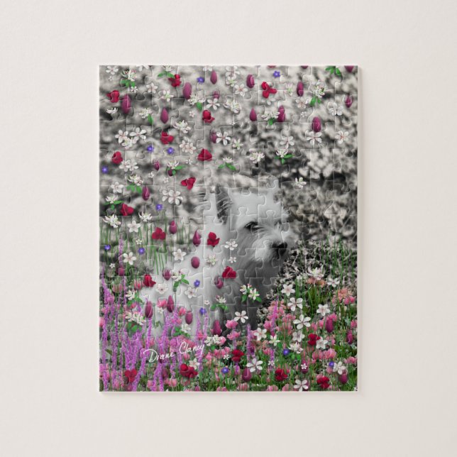 Violet i blommor - vitWestie hund Pussel (Vertikal)