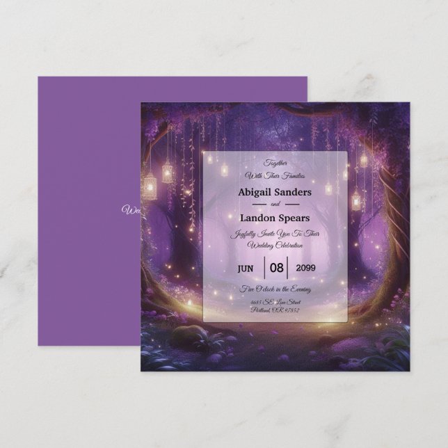 Violet i Midnight Enchanted Forest Bröllop Inbjudningar (Fram/baksida)