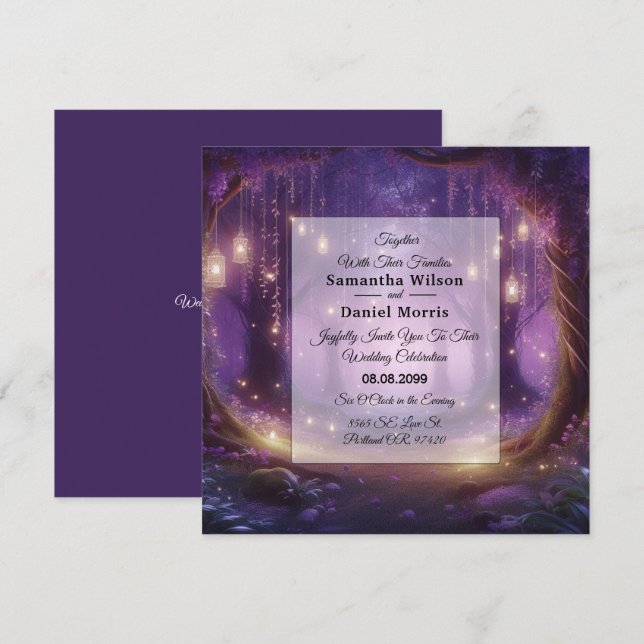 Violet i Midnight Enchanted Forest Bröllop Inbjudningar (Fram/baksida)