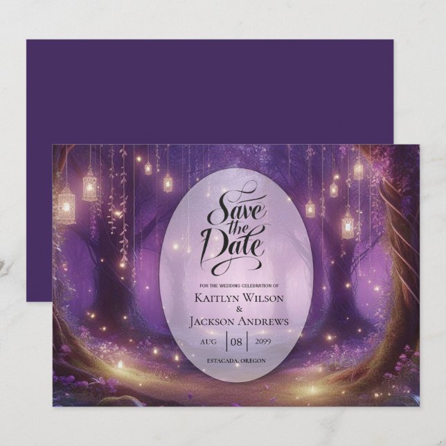 Violet i Midnight Enchanted Forest Bröllop Spara Datumet (Fram/baksida)