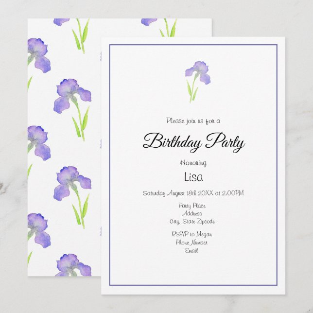 Violet Iris och Iris Mönster Inbjudningar (Fram/baksida)