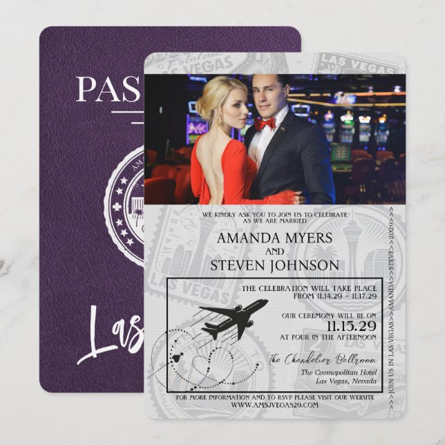 Violet Las Vegas Passport Bröllop Inbjudningar (Fram/baksida)