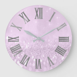 Violet Lavande Glitter Grått Metallic Roman Numme Stor Klocka