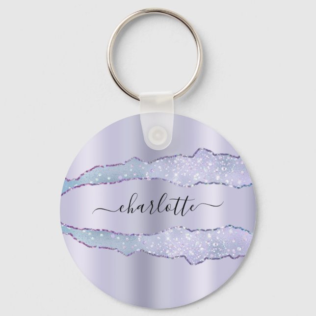Violet lavender agate marble glitter namn nyckelring (Framsida)