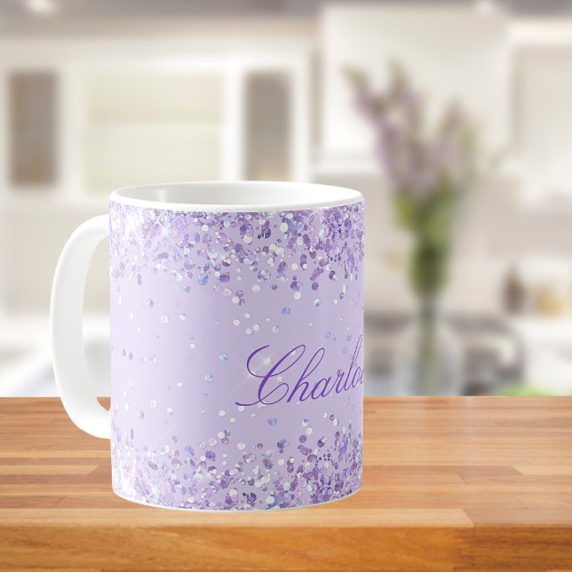 Violet lavender glitter stoft namn-skript elegant kaffemugg (Skapare uppladdad)