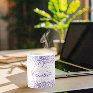 Violet lavender glitter stoft, vitt namn-skript kaffemugg