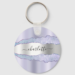 Violet lavender silver agate marble namn nyckelring