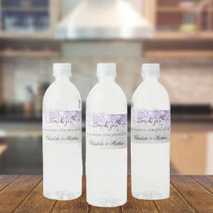 Violet lavender silver bröllop tack vattenflaskor etikett