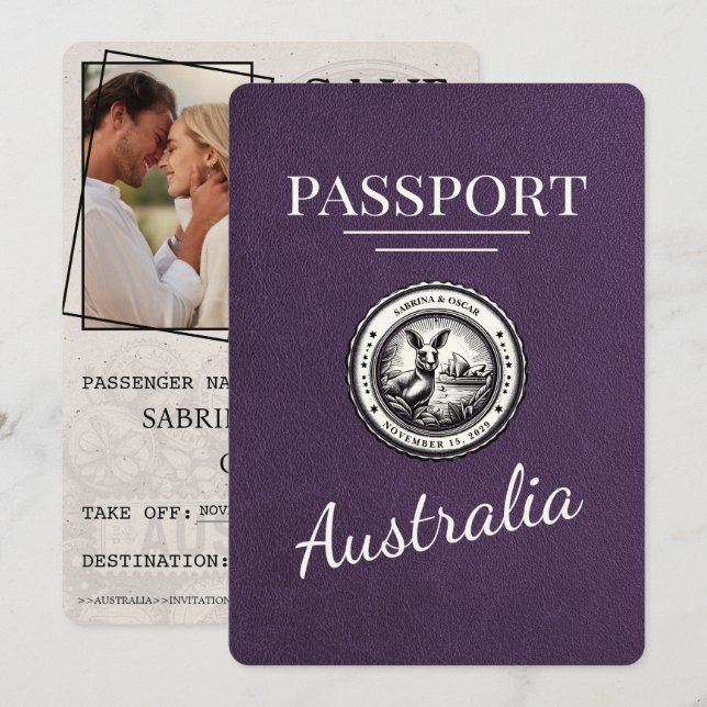 Violet Lila Australia Passport Save Date Spara Datumet (Fram/baksida)