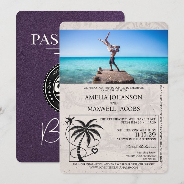 Violet Lila Bahamas Passport Wedding bjudande Inbjudningar (Fram/baksida)