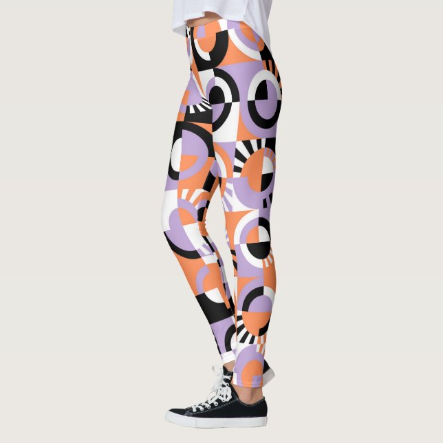 Violet Lila Black Orange Midhundskonst Mönster Leggings (Vänster)