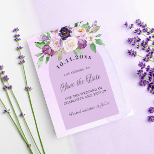 Violet lila blommigts budget bröllop spara datum flygblad