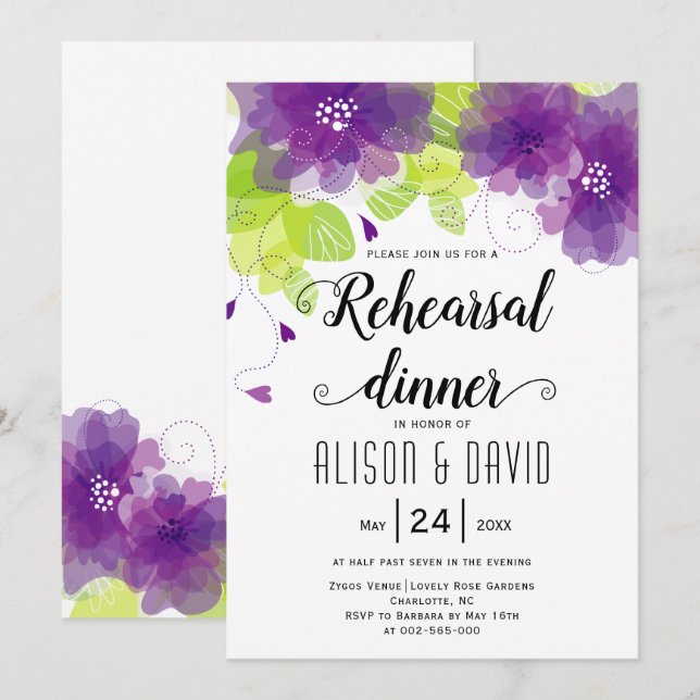 Violet lila blommor bröllop repetitionsmiddag inbjudningar (Fram/baksida)
