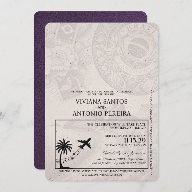 Violet Lila Brasilien Passport Wedding bjudande Inbjudningar (Fram/baksida)