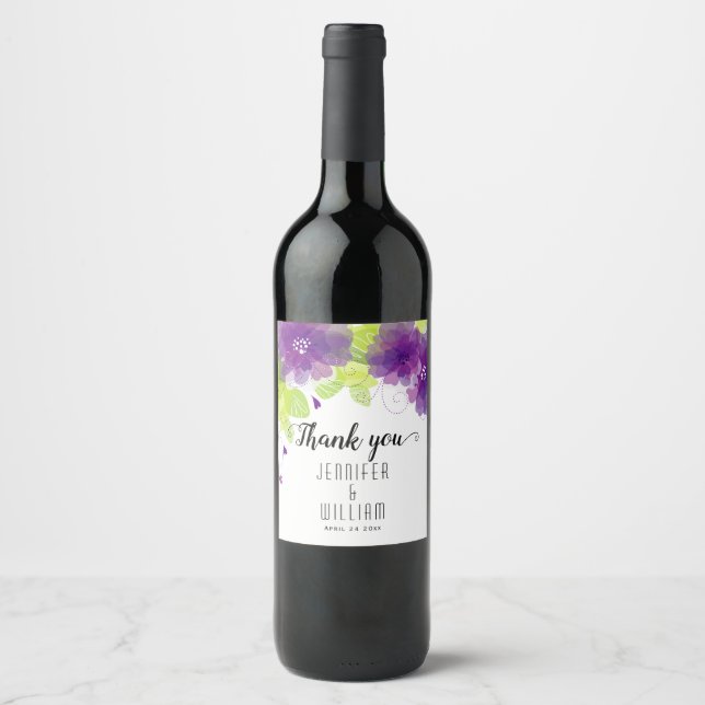 Violet lila eterblommor kalligrafi bröllop vinflaska etikett (Framsida)