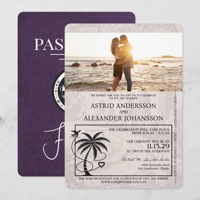 Violet Lila Florida Passport Wedbjudande Inbjudningar (Fram/baksida)