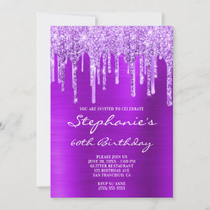 Violet Lila Glitter och Foil Drip 60:e födelsedage Inbjudningar