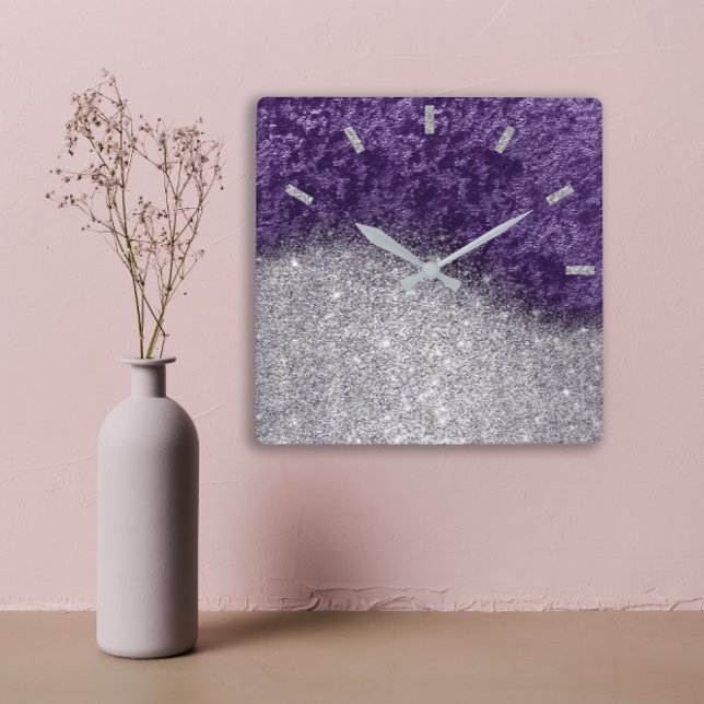 Violet Lila Glitter Silver Grått Velvet Eggplant Fyrkantig Klocka (Violet Purple Glitter Silver Gray Velvet Eggplant Square Wall Clock )