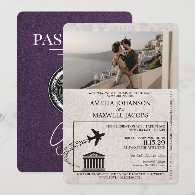 Violet Lila Greece Passport Wedding bjudande Inbjudningar (Fram/baksida)