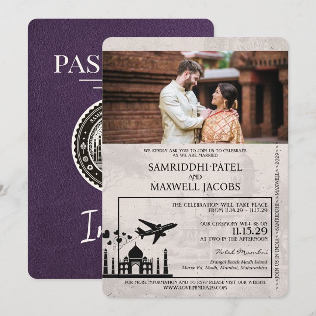 Violet Lila India Passport Wedding bjudande Inbjudningar (Fram/baksida)