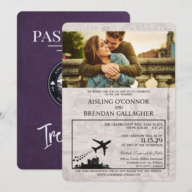 Violet Lila Ireland Passport Wedding Investigation Inbjudningar (Fram/baksida)