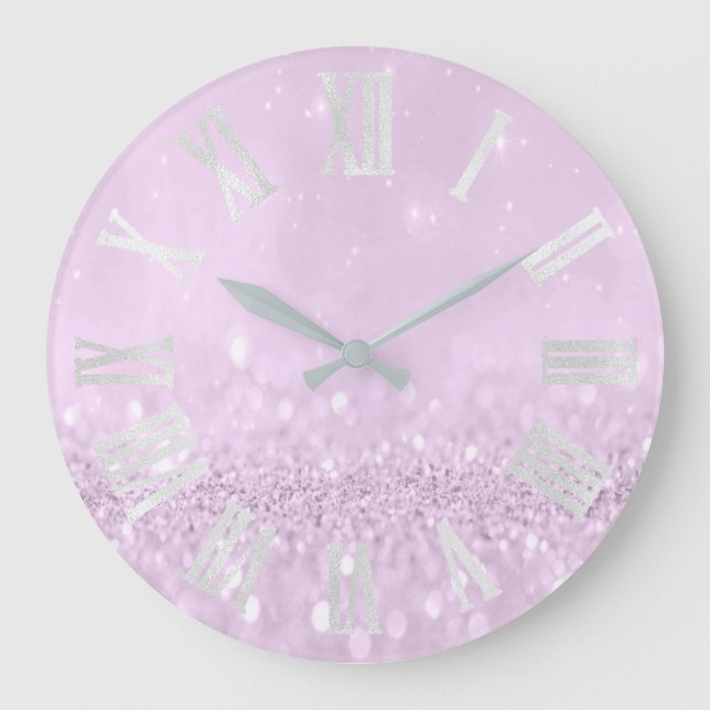 Violet Lila Lavender Glitter Grått Roman Numbers Stor Klocka (Framsida)