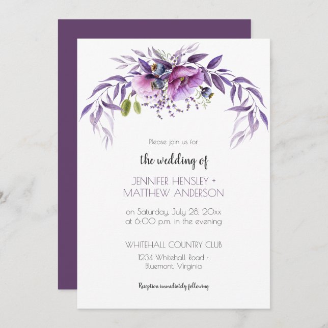 Violet Lila Lavender Watercolor Blommigt Bröllop | Inbjudningar (Fram/baksida)