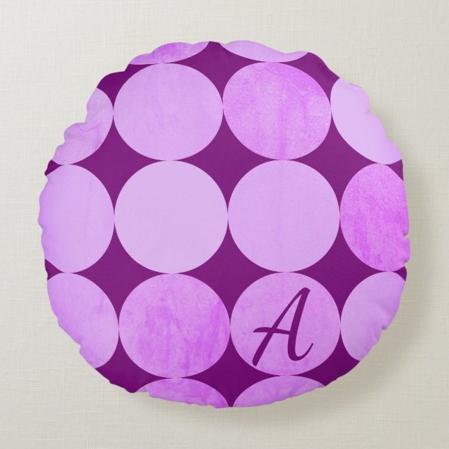 Violet, Lila Magenta och Rosa Circles Monogram Rund Kudde (Framsidan)