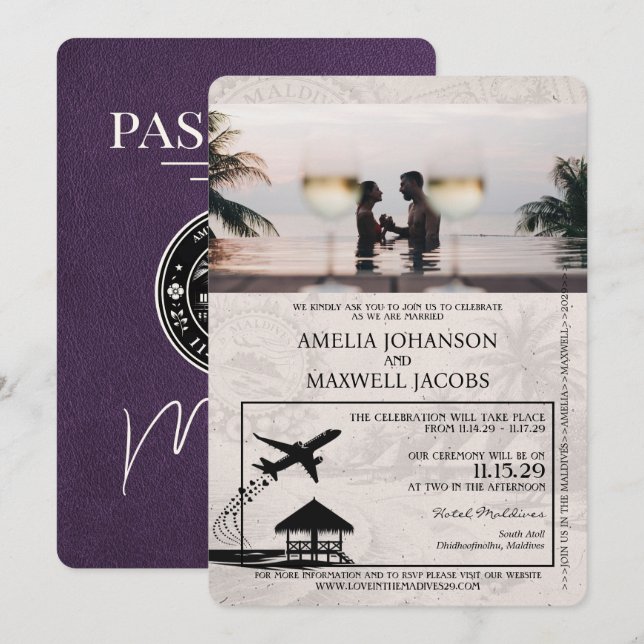 Violet Lila Maldives Passport Wedding bjudande Inbjudningar (Fram/baksida)