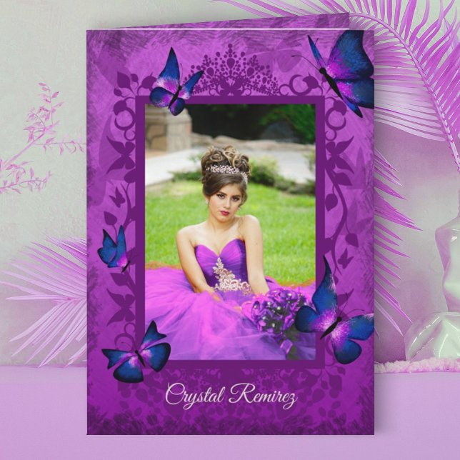 Violet, Lila, marinblå fjärilar Quinceanera Kort (violet magenta purple pink quinceanera invitation, folded invite blue butterflies fancy border frame)