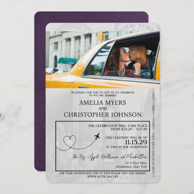 Violet Lila New York City Passport Bröllop Inbjudningar (Fram/baksida)
